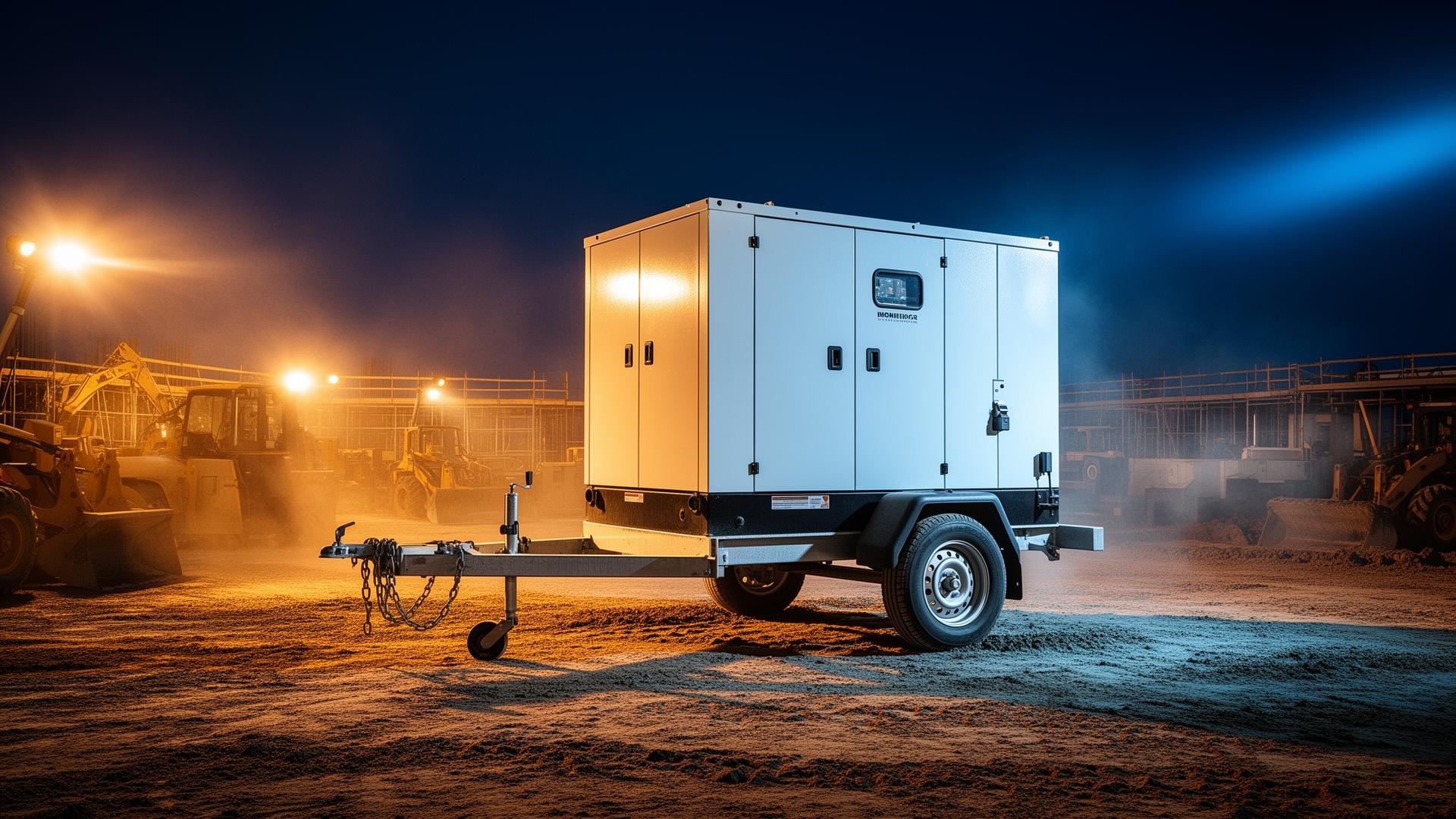 PulseTrek50 trailer-mounted battery power station on a construction site at dusk
